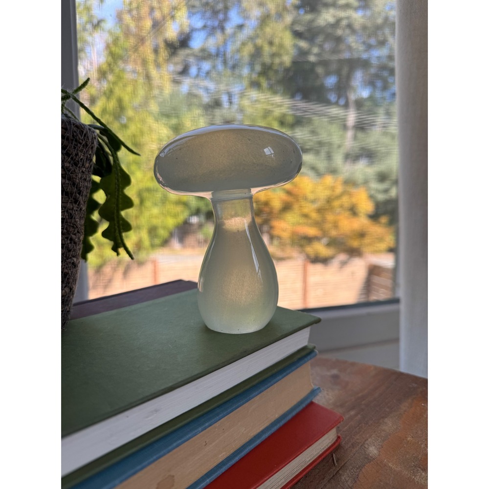Vintage Glow in the Dark Glass Mushroom Figurine Blue Luminous Art Glass 4.5"